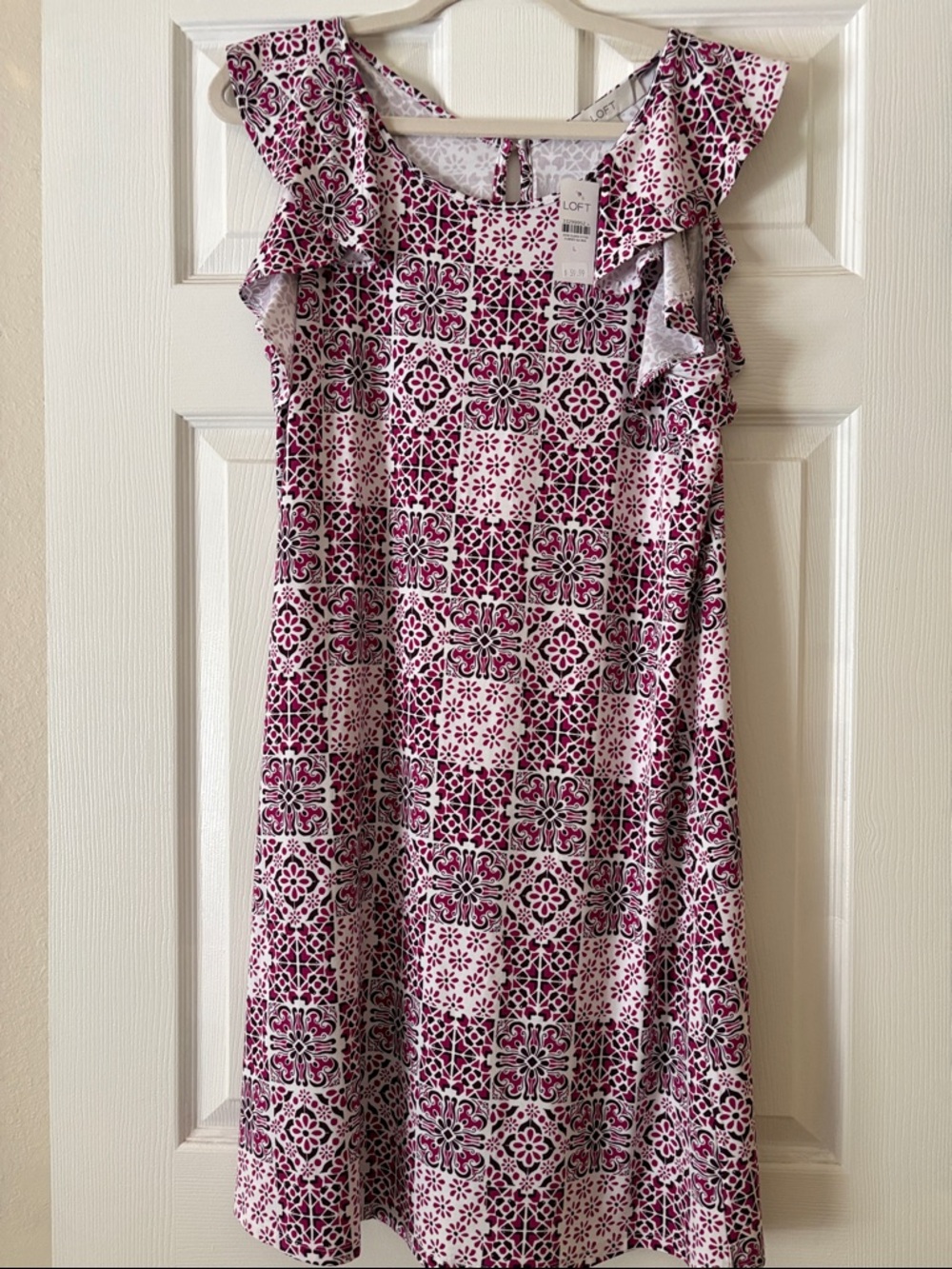 LOFT Pink & White Tile-Print Ruffle-Sleeve Midi Dress